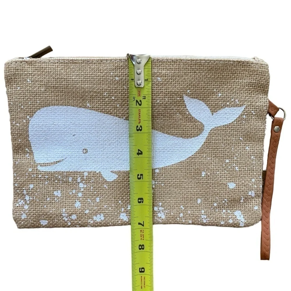 Burlap Whale Clutch Wristlet Pouch Tan/White NWOT
